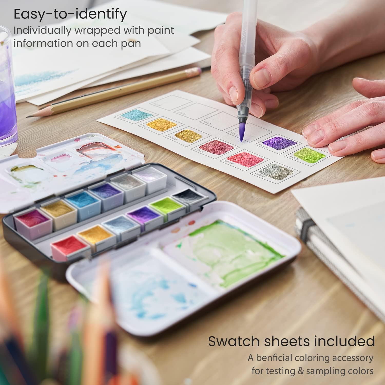 Arteza Metallic & Iridescent Watercolor Paints in Half Pans, Set of 12 Colors, Enchanted Forest Theme